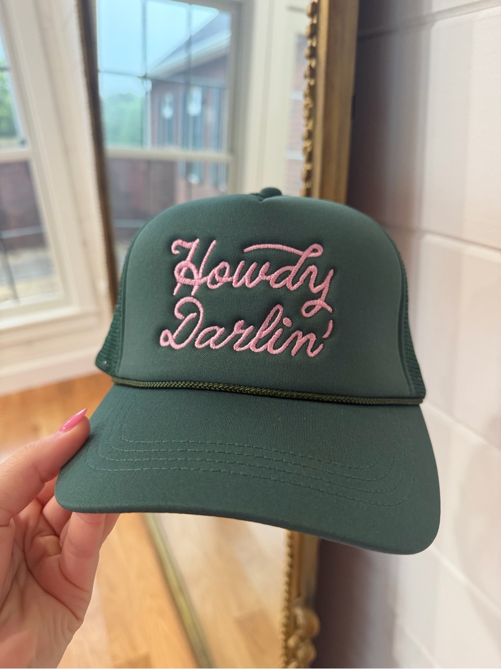 Green Trucker Hat Pink "Howdy Darlin'" Embroidery